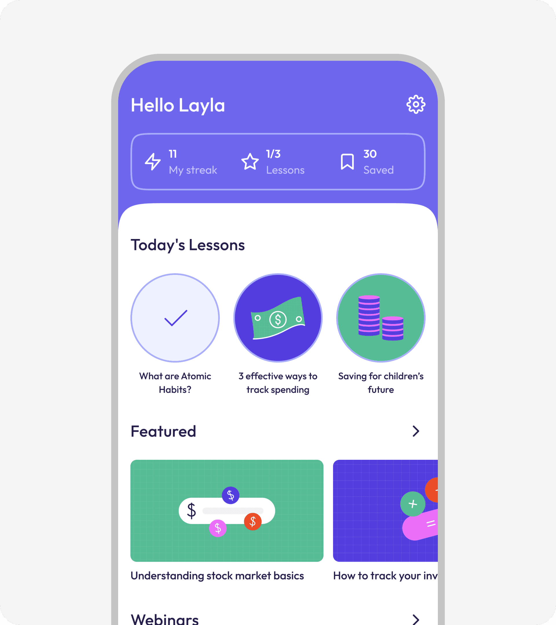 Dija home dashboard, streak counter and today's lessons